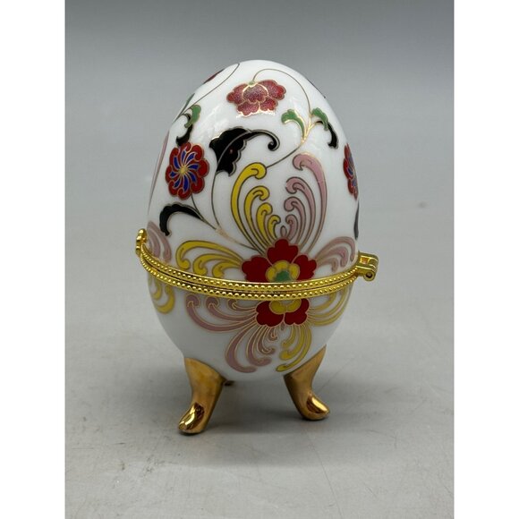 Decorative Porcelain Egg Jewelry trinket Box With Floral Design & Gold Accents - Picture 2 of 11